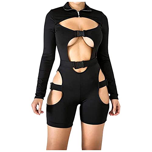 GJKK Damen Bodycon Jumpsuit mit Schnalle High Neck Strampler Langarm Aushöhlen Kurzer Strampler Clubwear Y2K Streetwear Women Sexy Hollow Out Jumpsuit Buckle Cut Out Long Sleeve Cover