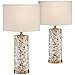 Margaret Coastal Accent Table Lamps Set of 2 Mother of Pearl Tiles Cylinder Cream Linen Drum Shade for Living Room Bedroom - 360 Lighting