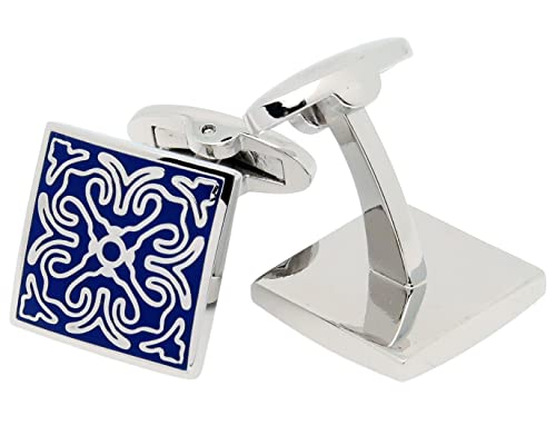 Mancuernillas cuadradas vintage con patrón azul para hombres miniatura 5