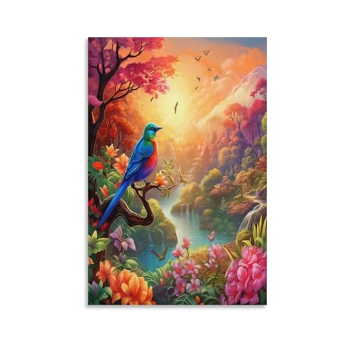 Cuadro en lienzo de pájaros y flores para salón 50x75cm