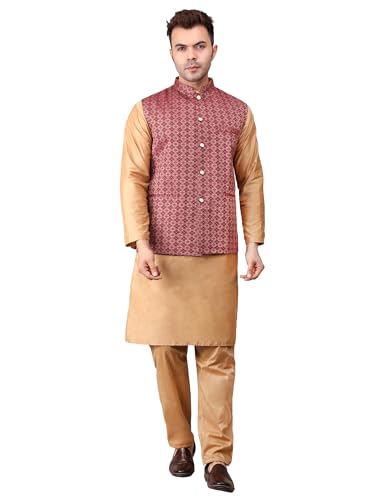 Image of Men's Cotton Silk Blend Regular Kurta Pyjama, Embroidered Nehru Jacket /Waistcoat Set
