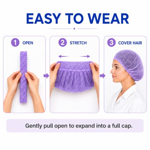 Image of Disposable Bouffant Caps, 21inches Hair Net, Elastic Dust Cap for Food Service, Kitchen Head Cover (Purple)