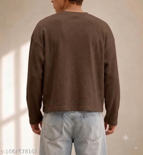 Generic Men's Waffle Knit Long Sleeve Crew Neck T-Shirt, Black - Image 3