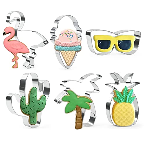Crethinkaty Set di 6 formine per biscotti estivi per cottura – fenicottero, palma, ananas, gelato, cactus e bicchieri a forma di perline aromatiche in acciaio inox per biscotti/pasticceria