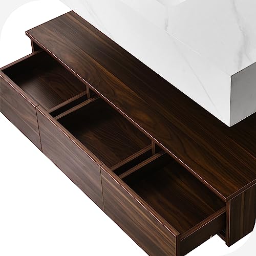 Hernest Floating Vanity Bathroom 48 Inch Wall Mounted Bathroom Storage Cabinet Integrated Set With Rock Panel Countertop, Ceramic Basin Sink And 3 Drawers For Washroom, Brown #TOP7
