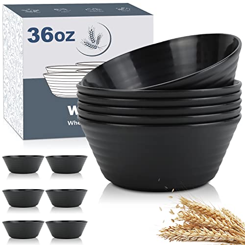 Wrova Wheat Straw Bowl Sets,6 PCS Unbreakable Cereal Bowl 36 OZ,Microwave and Dishwasher Safe Bowls,Soup Bowl Sets BPA Free Apartment Bowl for Serving Cereal,Oatmeal and Salad (Black)