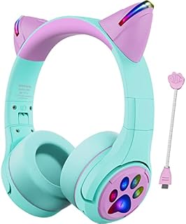 Riwbox Kids Bluetooth Headphones, CF9 Robot Cat Ear Headphones with LED Light, Boom Mic&Built-in Mic for Calls, 85dB Volume Limited Kids Headphones Wireless&Wired for School Tablet PC Phones (Green)