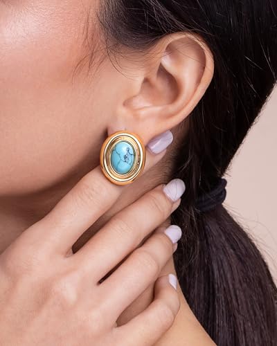 Gold Medium Oval Button Chunky Statement Earrings for Women by SNGIA, (Turquoise, Carnelian, Aventurine, Amethyst, Malachite, Cat Eye, White, Cream) Bold Handmade Colored (Red, Blue, Green, White, Cream, Purple) Exaggerated Dome Retro Rounded Button Trendy Bohemian Gemstone Stud Jewelry Gifts, Unique Vintage Baroque Stone Summer Beach Fashion Earrings Accessories, Round Thick Circular Nickle Free Huggies Earrings.3