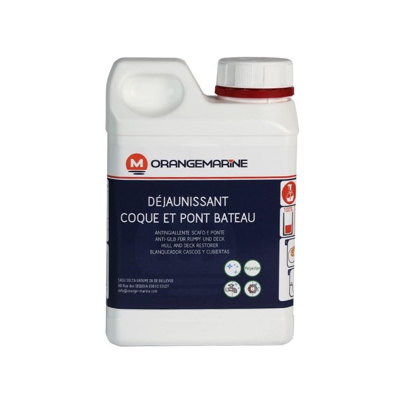 Orangemarine 1 Litre - Déjaunissant Coque et Pont Rénovateur Acide Puissant pour gelcoat et Polyester – Élimine calcaire, Rouille et Traces Jaunes – Produit biodégradable