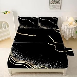 Marble Sheet Set: Black and Gold Marble Bedding Set Full/Queen Size for Girls Teens Women Men Kids Marbling Abstract Aesthetic Bedroom Bed - 1 Flat Sheet, 1 Fitted Sheet, 2 Pillowcases Marbl