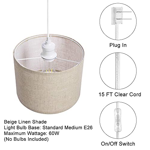 Qitim 2 Pack Plug In Pendant Light, Hanging Light With Plug In 15Ft Clear Cord, Beige Linen Shade, On/Off Switch, Ceiling Light For Bedroom, Living Room, Dining Table, Basement #TOP6