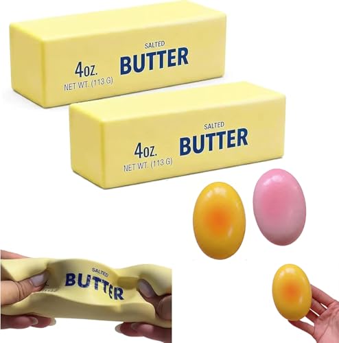 4 Pcs Realistic Butter Squishy Set :2 Squishy Butter Stick & 2 Cheese Squishy Cake - Slow Rising Food Stress Reliever, Fun Office Accessories, Gag Gifts for Adults & White Elephant Gift