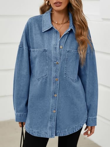 Tankaneo Womens Oversized Denim Shirt Jacket Button Down Long Sleeve Fall Casual Jean Shackets4