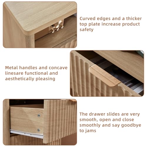 Image of LEYAOYAO Fluted Nightstand Set of 2 with Charging Station,23 inch Modern Nightstand with Wood Grain Top, 2 Drawer End Table w /Storage, BedsideTables for Bedroom, Living Room,Natural