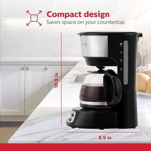 Image of Holstein Housewares 5-Cup Programable Coffee Maker, Convenient and User Friendly, Black and Stainless Steel with Auto Pause and Serve Function, Glass Carafe