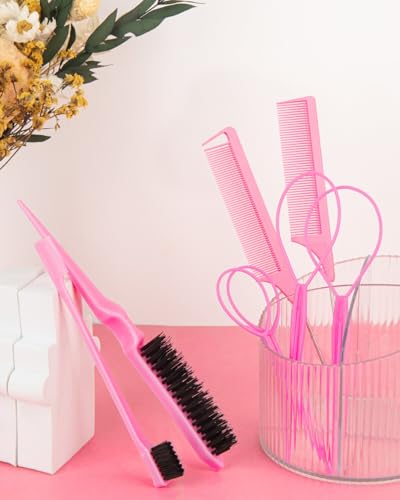 Aigee 8Pcs Hair Styling Combs Set Include 4Pcs Topsy Hair Tail Tools 2 Styles of Rat Tail Comb,1Pcs Bristle Teasing Slick Back hair Brush,1Pcs Edge Control Brush,Eyebrow Brush for Woman Girl Pink - Image 3