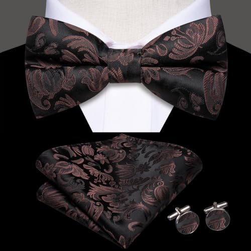 Image of Dubulle Mens Paisley Striped Bowtie Set Pre-tied Bowtie for Men and Pocket Square Set Wedding Business