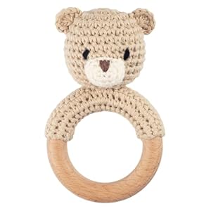 Joliecraft Safari Animals Wooden Baby Rattle Toys Stuffed Crochet Rattle with Teether Ring for Newborn, Beige Bear
