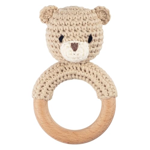 Joliecraft Safari Animals Wooden Baby Rattle Toys Stuffed Crochet Rattle with Teether Ring for Newborn, Beige Bear