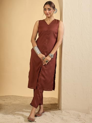 Image of INDO ERA Women's Straight Cotton Blend Solid Solid Kurta & Pant with Dupatta Set (IESTR10631)
