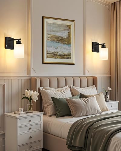Image of Rayogale Wireless Battery Operated Wall Sconce Set of 2 with Remote Control | Black Dimmable Rechargeable Wall Lights with Timer, Easy Install White Glass Lamp for Living Room Bedroom, Emergency 3000K