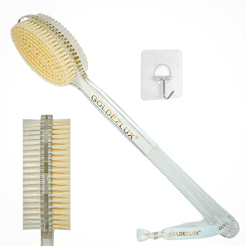GOLDEZLUX® Firm Body Brush Dual-Sided Shower Brush Back Scrubber - Premium Medium Soft & Stiff Bristles Wet or Dry Brushing - Perfect Durable Non-Slip Long Handle Large Size 17" (Transparent Dual)