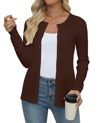 Yincro Womens Lightweight Crewneck Cardigan Long Sleeve Soft Knit Cardigans Sweater (Brown M)