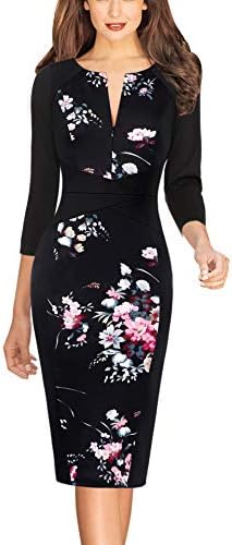 VFSHOW Womens Black Multi Floral Print Fall Winter Patchwork Slim Zipper Up Work Business Office Casual Party Bodycon Pencil Sheath Dress 6462 BLK XS