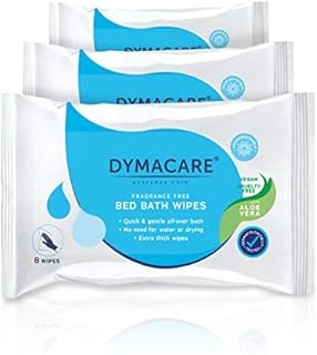 DYMACARE Unfragranced Bed Bath Wipes | Premium Unscented Skin Cleansing Shower Wipes for Adults and Elderly | No Water Microwaveable Body Wet Wipes with Aloe Vera | 3 Packs (24 Wipes in Total)