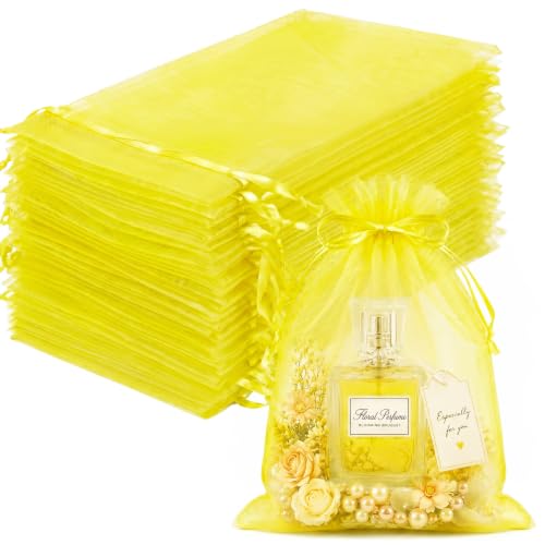 Image of FUNFERY 100PCS Lemon Yellow Organza Gift Bags 4x6in,Drawstring Pouch | Bulk Clear Party Favor Bags for Wedding,Baby Shower,Mesh Goodie Bag with Drawstring for Small Business,Candy,Treat,Jewelry