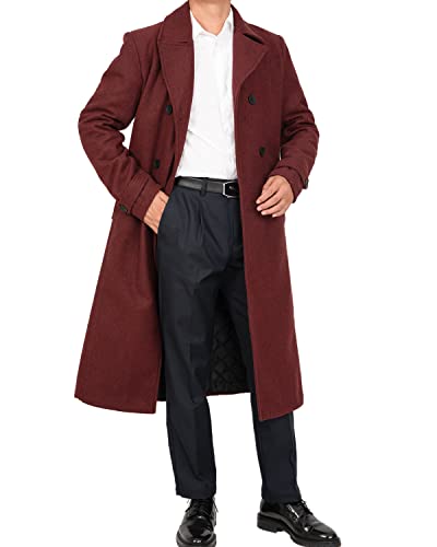 Lisskolo Men's Wool Winter Pea Coat Long Double Breasted Overcoat Solid Notch Lapel Full Length Trench Coat Wine S #TOP2