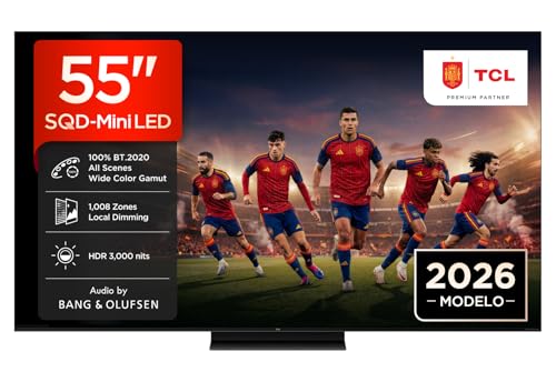 TCL 55C8L Televisor 55 Pulgadas SQD-Mini LED 4K Smart TV, HDR 3000 nits, 1008 Local Dimming, 144Hz Motion Clarity Pro, Bang & Olufsen, Dolby Vision IQ & Atmos, Game Master, Google TV, Apple AirPlay 2