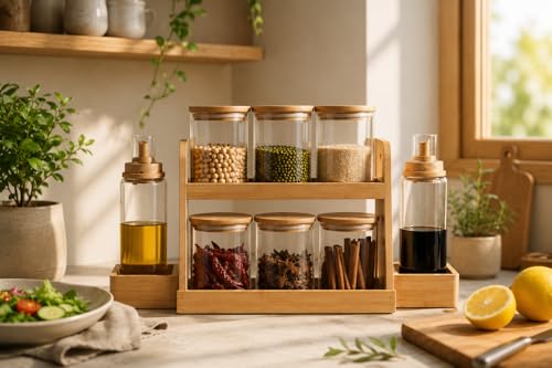 Image of Femora Glass Kitchen Organizer Set with 2-Tier Bamboo Rack | 4 Large Storage Jars 400ml + 3 Small Spice Jars 220ml + 2 Oil Dispenser Bottles 550ml | Airtight Bamboo Lid Containers for Kitchen Storage