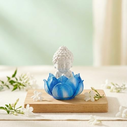 Image of eCraftIndia Blue Lotus Baby Buddha Statue Showpiece for Home Decor | Living Room, Bedroom, Office & Car Dashboard