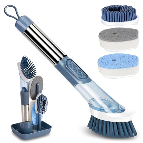 AMFUN Soap Dispensing Dish Brush Set, Washing Up Brushes with Liquid Dispenser, Kitchen Brush for Pot Pan Sink Cleaning with 4 Replacement Heads (Blue)