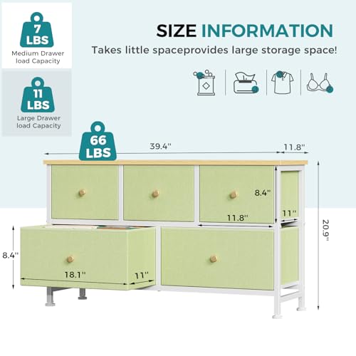 Image of OLIXIS 5 Drawer Dresser for Bedroom, Storage Organizer Unit for Closet | Chest of Drawers for Clothes Storage with Bins, Wide Fabric Bedroom Dresser, Wooden Top, Living Room, Light Green
