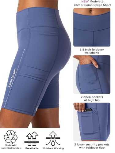 Terry Short feminino acolchoado para ciclismo Cargo com 4 bolsos, compressão moderada, cintura alta,