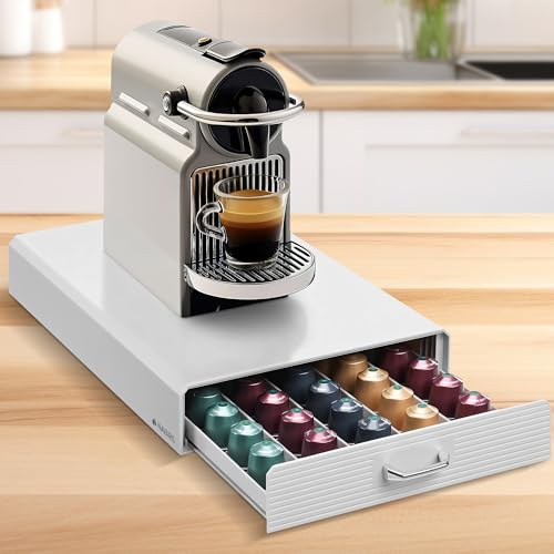 Navaris Tiroir Capsule de Café - Rangement Support pour Dosette Machine à Café Nespresso - Distributeur Range-Dosette 50 Capsules - Blanc