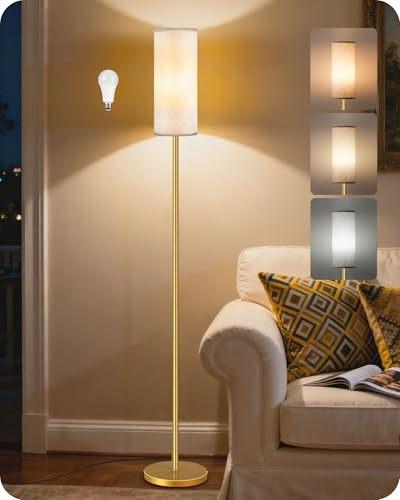 Image of Dimmable Floor Lamp for Living Room with Remote and Foot Switch, Standing Tall Lamp, Bulb Included, 3000K-6500K, Beige and Gold, FCC Listed DE06LD05W1
