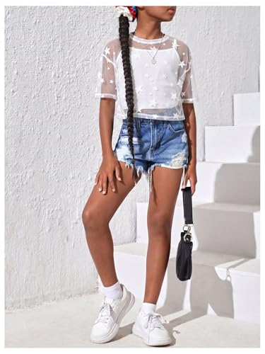 Image of BEAUDRM Girl's 2 Piece Set Star Graphic Sheer Mesh Shirt Crew Neck Short Sleeve Crop Top with Camisole