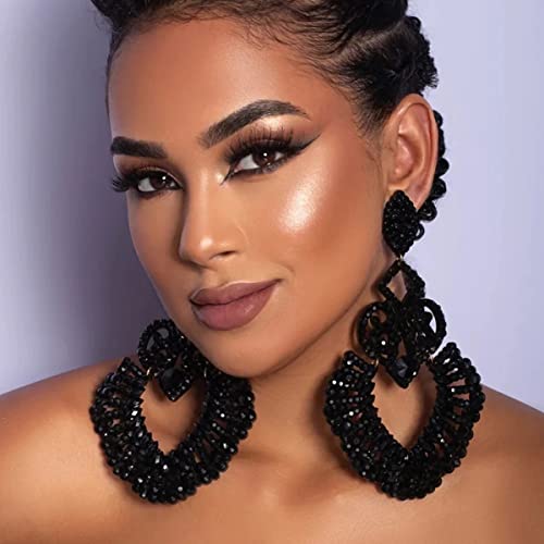 Large Black Rhinestone Earrings for Women Prom Chandelier Drop Statement Earrings Costume Jewelry2
