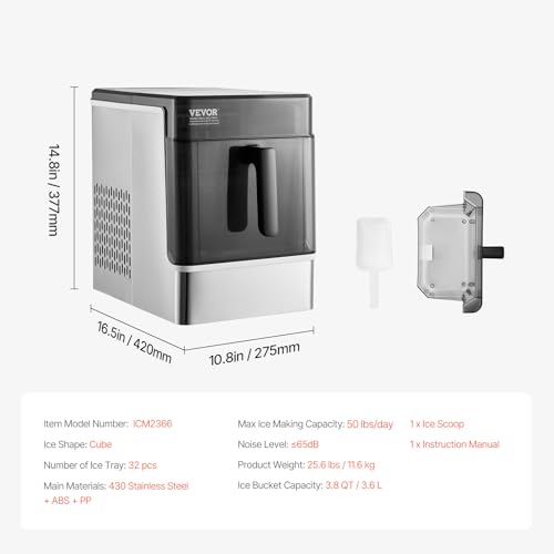 Image of VEVOR Ice Cube Maker Countertop, 32 Cubes Ready in 15 Mins, 50lbs /24h Self-Cleaning Portable Ice Maker with Convenient Ice Transfer, 3 Sizes Ice Cube Maker Machine for Home Kitchen Office Party