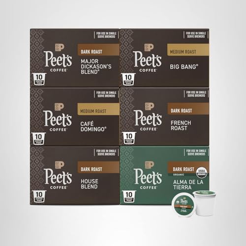 Peet's Coffee, Keurig K-Cup Pods Variety Pack, 100% Arabica Coffee - Major Dickason's Blend, Big Bang, French Roast, Caf&eacute; Domingo, Organic Alma De La Tierra, House Blend, 60 CT (6 Boxes of 10 Pods)