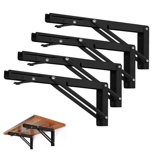 Image of Storystore Folding Shelf Brackets - 14 Inch Heavy Duty Metal Collapsible Shelf Bracket for Bench Table, Shelf Hinge Wall Mounted Space Saving DIY Bracket, Max Load: 150 lb (4 PCS, Black)