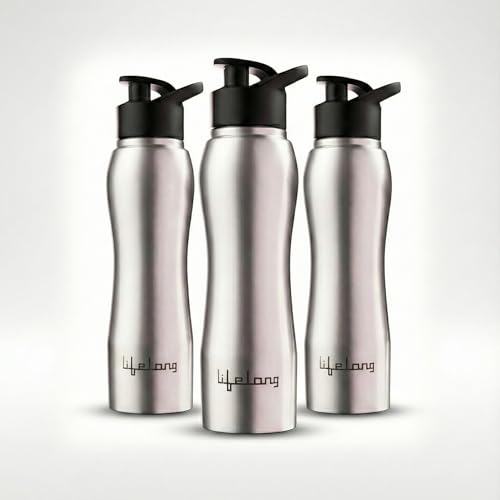 Image of Lifelong 750ml Stainless Steel Water Bottle Pack of 3 | Leak-Proof & Durable | Easy to Clean | Odour-Free | Rust-Free Build, Secure Cap & Easy Grip | Ideal for School, Office, Travel & Gym (Silver)