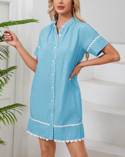 Image of Women's Summer Shirt Dress Short Sleeve Button Down Mini Tie Waist Belted Tunic with Pockets RIC Rac Trim
