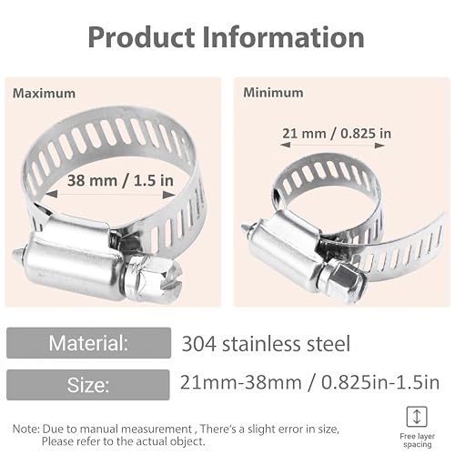 1-1/2 Inches Hose clamps, 304 Stainless Steel Worm Gear Hose Clamps,10 Pcs Fuel Line Pipe Clamps