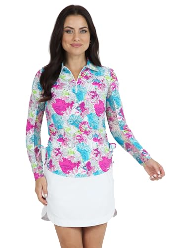 IBKUL Athleisure Wear Sun Protective UPF 50+ Icefil Cooling Diana Print Adjustable Length Long Sleeve Polo - 48930, Paddy Hot Pink Multi, Large
