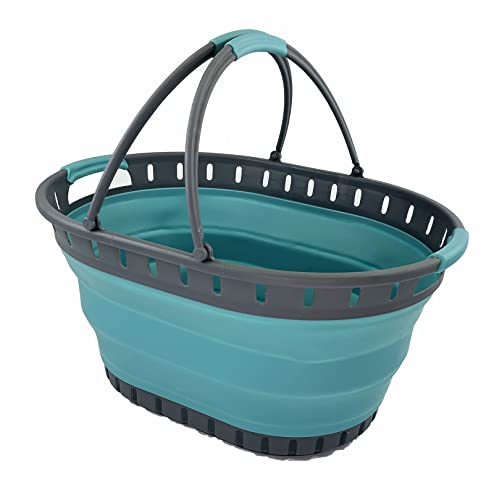 SAMMART 25L (6.6 Gallon) Collapsible Plastic Laundry Basket - Foldable Pop Up Storage Container/Organizer - Portable Shopping Basket - Space Saving Hamper (Grey/Crystal Blue)