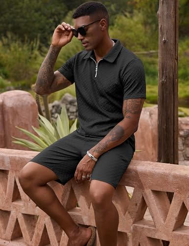 Image of URRU Mens Textured Polo Shirt and Shorts Sets Outfits 2 Piece Summer Tracksuits Casual Quarter Zip Golf Polo Shirts